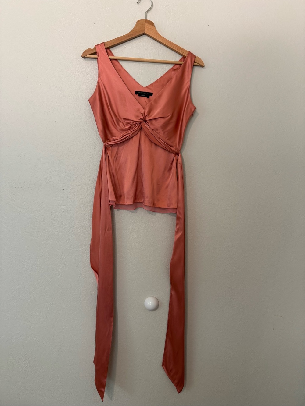 BCBGMaxAzria Coral Satin Twist-Front Tank with V-Neck